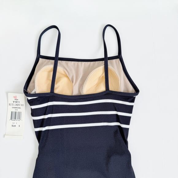 [Adrienne Vittadini] Navy Charcoal Striped Vintage Y2K Belted Swimsuit NWT Sz 6 - Picture 4 of 9